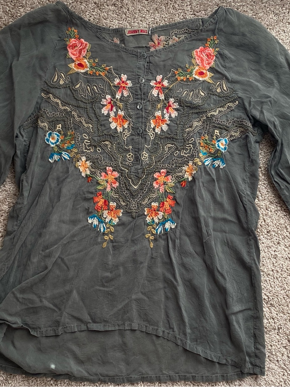 Johnny Was Green Linnet Boho Faire Embroidered Floral Peasant Blouse Large - Picture 3 of 10